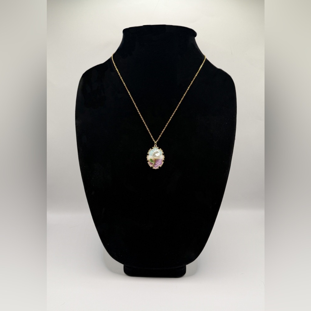 Floral and Pearl Enamel Charm Pendant Necklace - Picture 7 of 8